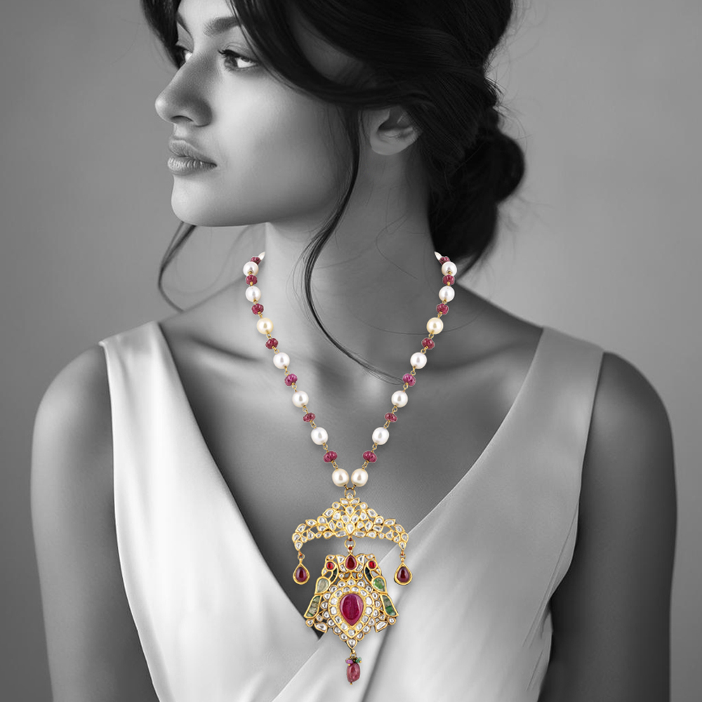 Peacock Polki Pendant Necklace with Rubies, Green Talaf & Southsea Pearls